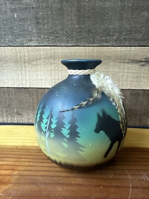 Native American Style Pot & Turkey Feathers, Hand Painted Decorative Vase