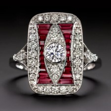 RUBY DIAMOND VINTAGE STYLE COCKTAIL RING ART DECO 14k WHITE GOLD NATURAL CALIBRE
