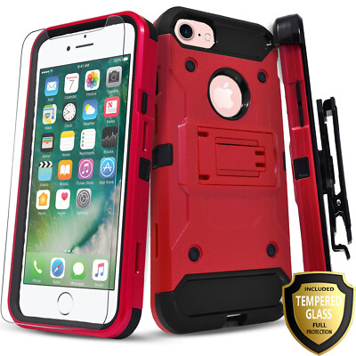 For iPhone SE Case 8/7 Plus Phone Cover Belt Clip Kickstand + Tempered Glass