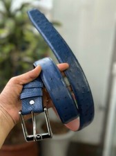 Navy Blue 100 Genuine Ostrich Leather Skin Men's Belt Silver Buckle,Handmade