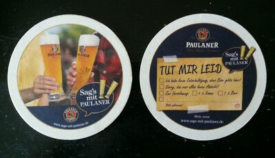 Beer mat Munich Paulaner brewery ''Say it with Paulaner: sorry''