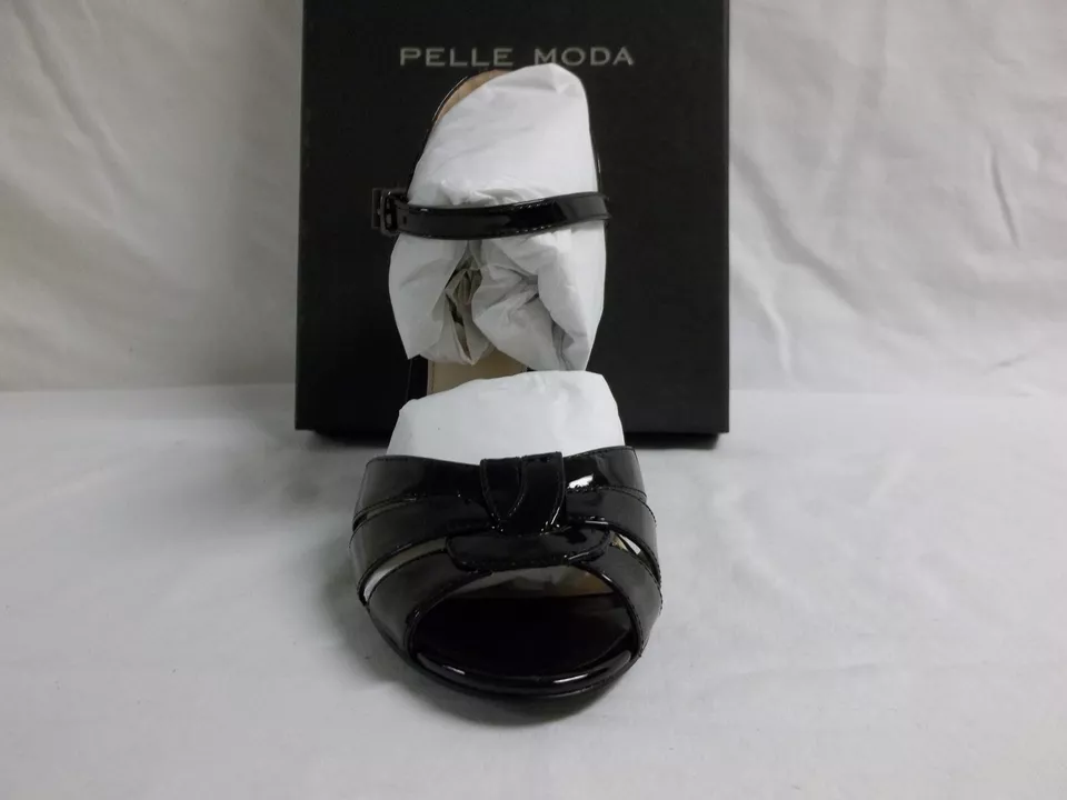Pelle Moda Size 8 M Gypsy Black Patent Leather Open Toe Heels New Womens Shoes - Image 2 of 4