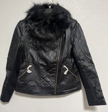 Nwt Iman Global Chic Moto Jacket Black Quilted Leather Faux Fur Collar Sz Small