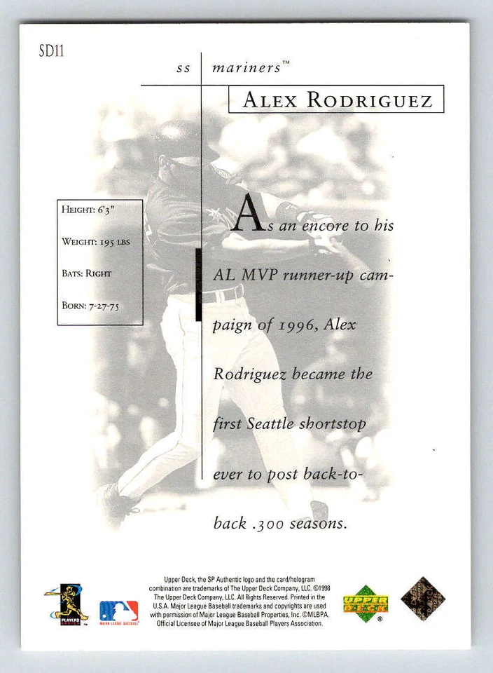 1998 SP Authentic Sheer Dominance #SD11 Alex Rodriguez - Image 2 of 2