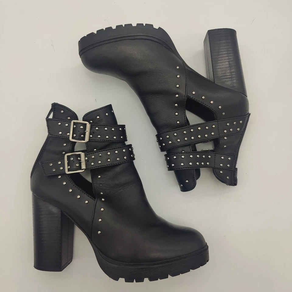Bota de tornozelo feminina Steve Madden Frank Studs fivela recorte plataforma salto bloco 11M - Imagem 2 de 4