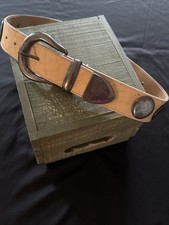Concho Tan Belt Silver Toned Metal Stamped Discs Tarnished Worn VTG