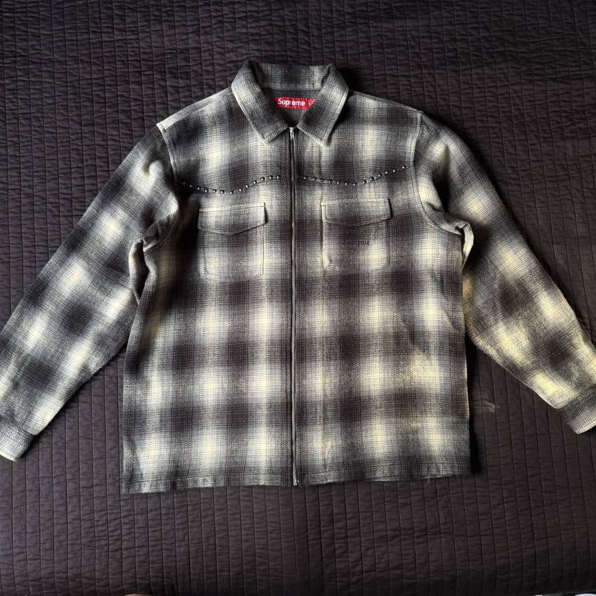 Pre Owned Supreme Studded Shadow Plaid Zip-Up Shirt FW25 Size XL