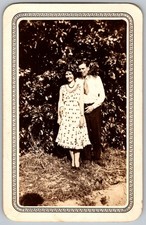 Vtg B&W Snapshot Smiling Couple In Patterned Dress & White Shirt Garden 1930s