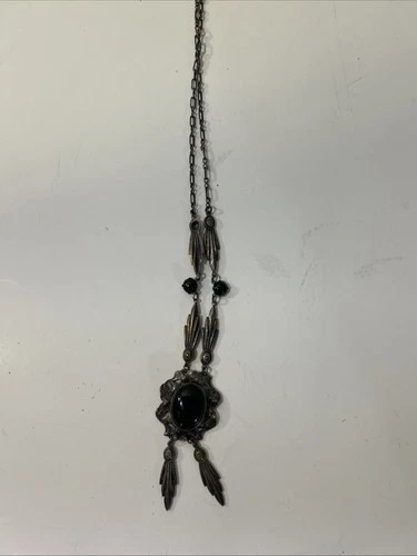 Vintage Boho Tribal Silver Tone Necklace Black Stone Pendant Costume Jewelry