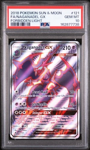 2018 POKEMON SUN & MOON FORBIDDEN LIGHT #121 FULL ART/NAGANADEL GX PSA 10