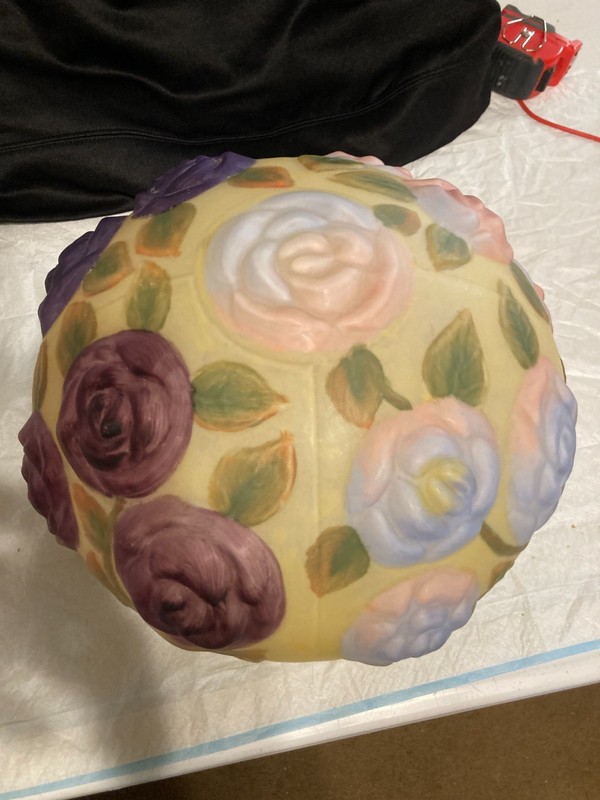 Vintage Reverse Hand Painted Puffy Flowers Glass Table Lamp Shade 10 Inch Fitter