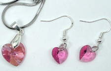 Set Silver Tone Pink Crystal Heart Necklace  Earrings 16" Chain. Earrings 1"
