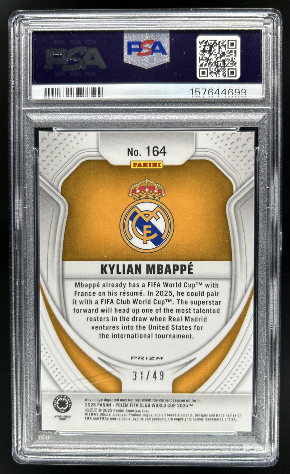 2025 Panini Prizm FIFA Club World Cup Kylian Mbappe Purple Pandora #/49 PSA 9 view 2