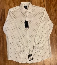 New 79.50 BEN SHERMAN Men's L Slim Fit Button Front White Navy Shirt Stretch
