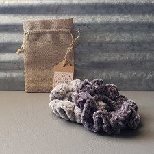 Crochet Scrunchie Two Pack Velvet Light  Dark Gray Handmade Elastic Hair Bands