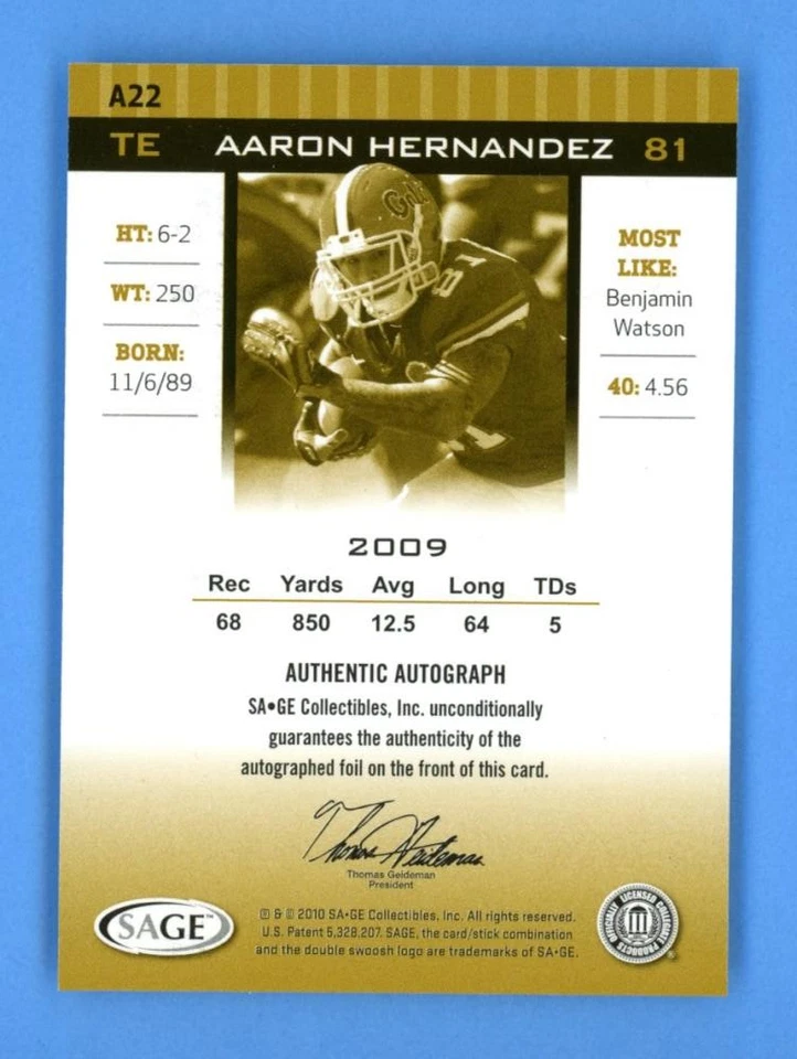 Aaron Hernandez Auto Gators Patriots 242/250 2010 SAGE Hit autógrafos oro #A22 Foto 2 de 2