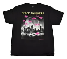 Space Invaders Mens Pixel Characters Over Modern City Funny Black Shirt New XL