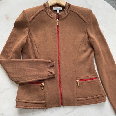 St John Sport Sweater Blazer Womens P (Small) Camel/Red trim Wool Blend Full Zip