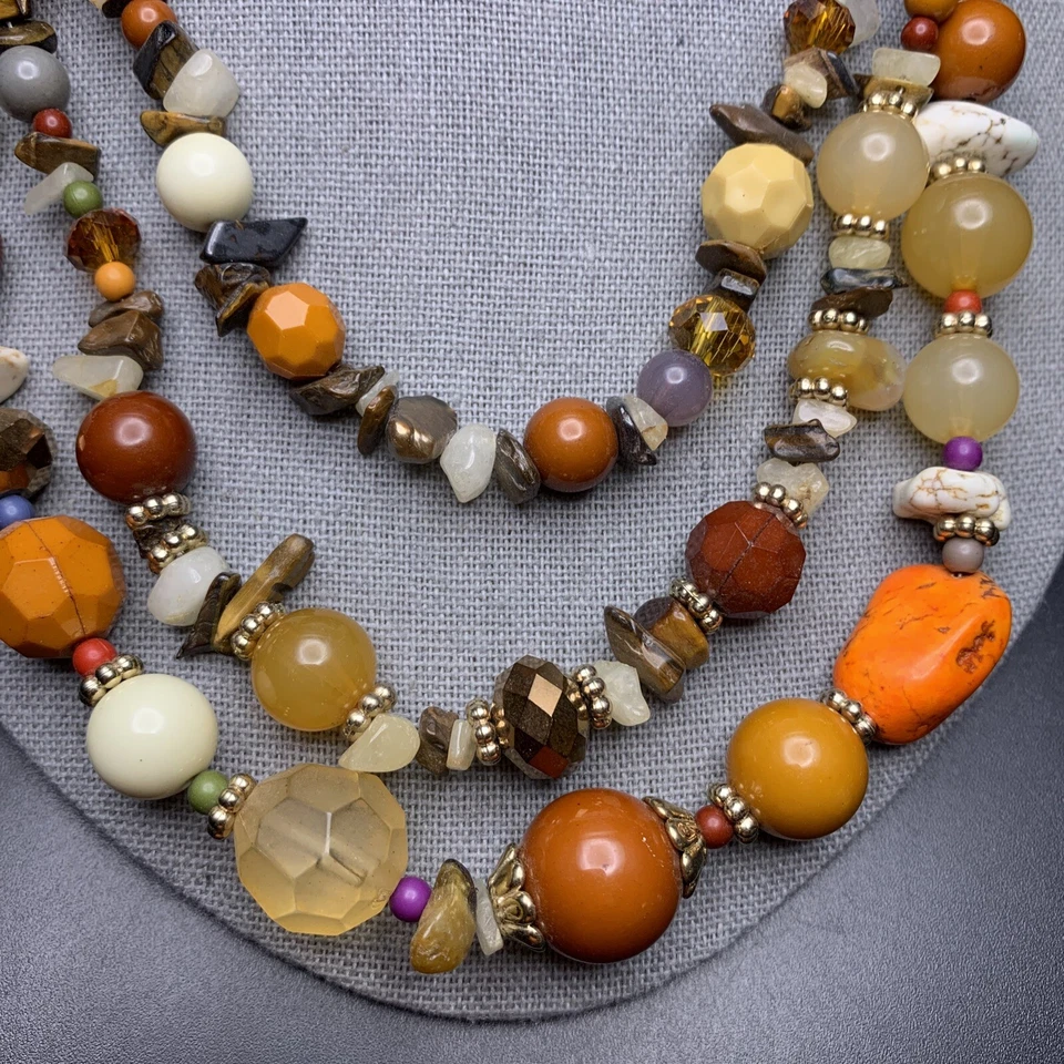 Collar Boho en Capas Piedras Preciosas Chip Grueso Cuentas Naranja Marrón Tono Dorado Foto 4 de 4