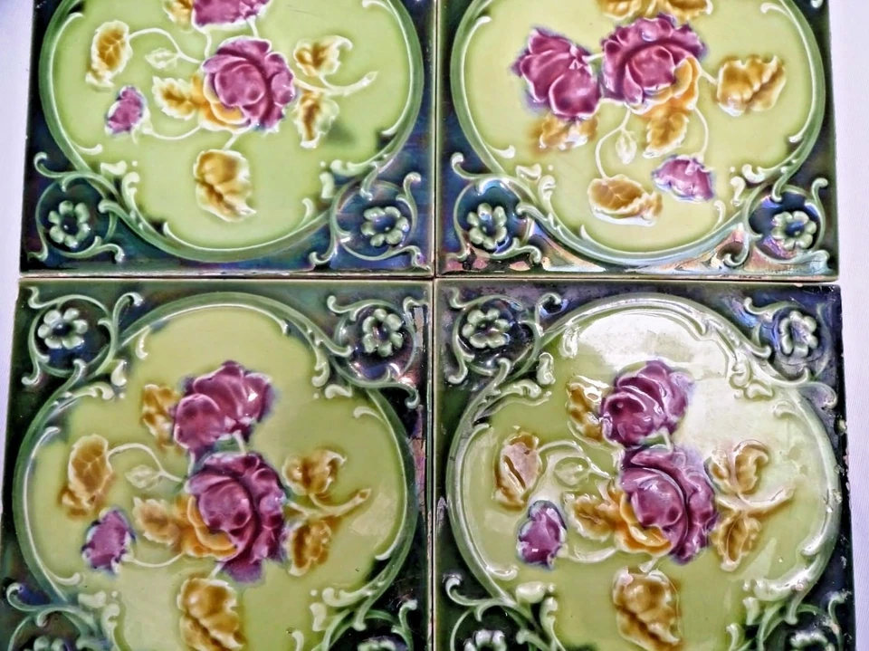 Antiguo Azulejo Mayólica Inglaterra Art Nouveau Porcelana Rosa Púrpura Juego de 4 Piezas #13 Foto 3 de 4