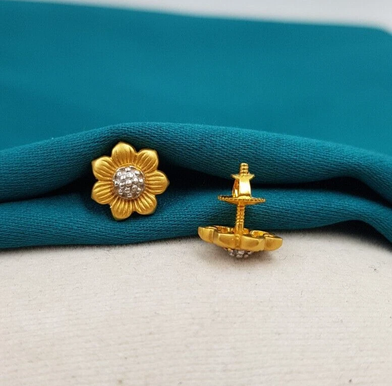 22K Yellow Gold Earrings Stud Screw Back Hallmark Rhodium Plain Gold Earrings - Image 4 of 4