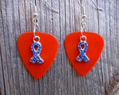 Blue Ribbon Rhinestone Charm Guitar Pick Earrings with Surgical Steel Earwires - Picture 9 of 14