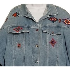 Denim Jacket Womens M Vintage 80s Native American Hand Painted Rhinestone Button