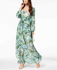 Nine West Maxi Tropical Palm Leaves Chiffon Dress With Belt, Green, size 6