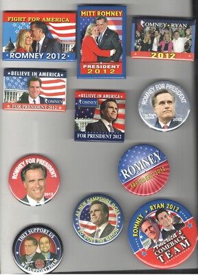 11 MITT ROMNEY 2012 pin ALSO Ran pinback REPUBLICAN Primary + Campaign button