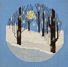 Finished Cross Stitch Moonlit Snowy Winter Forest Snowflakes Falling 8.5" Square