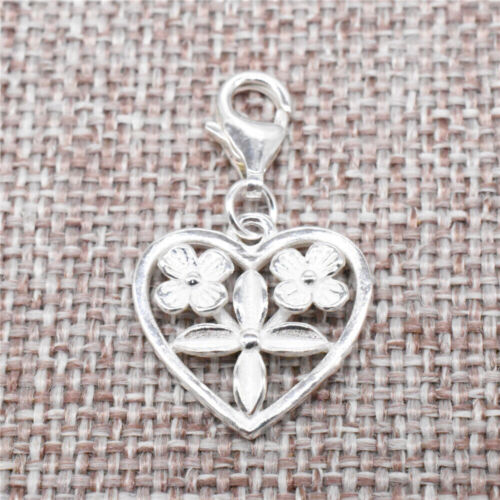 925 Sterling Silver Flower Heart Dangle Clip On Charm Lobster Clasp for Bracelet - Picture 1 of 5