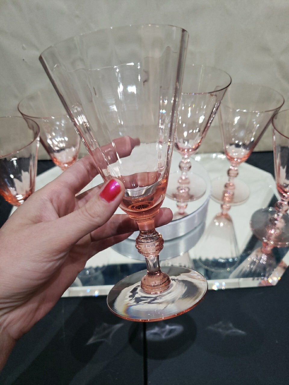 (6) Water Goblets glasses 6-5/8",  Fry co. Fry17-6 Pink Optic wafer stem 17