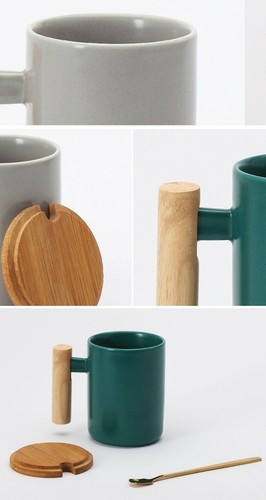 Tazza da caffè in ceramica di alta qualità viene fornita con coperchio in bambù, cucchiaio in acciaio inox - Foto 2 di 3