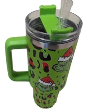 The Grinch 40oz Grinning Grinch Face Green Tumbler Mug w Handle & Straw