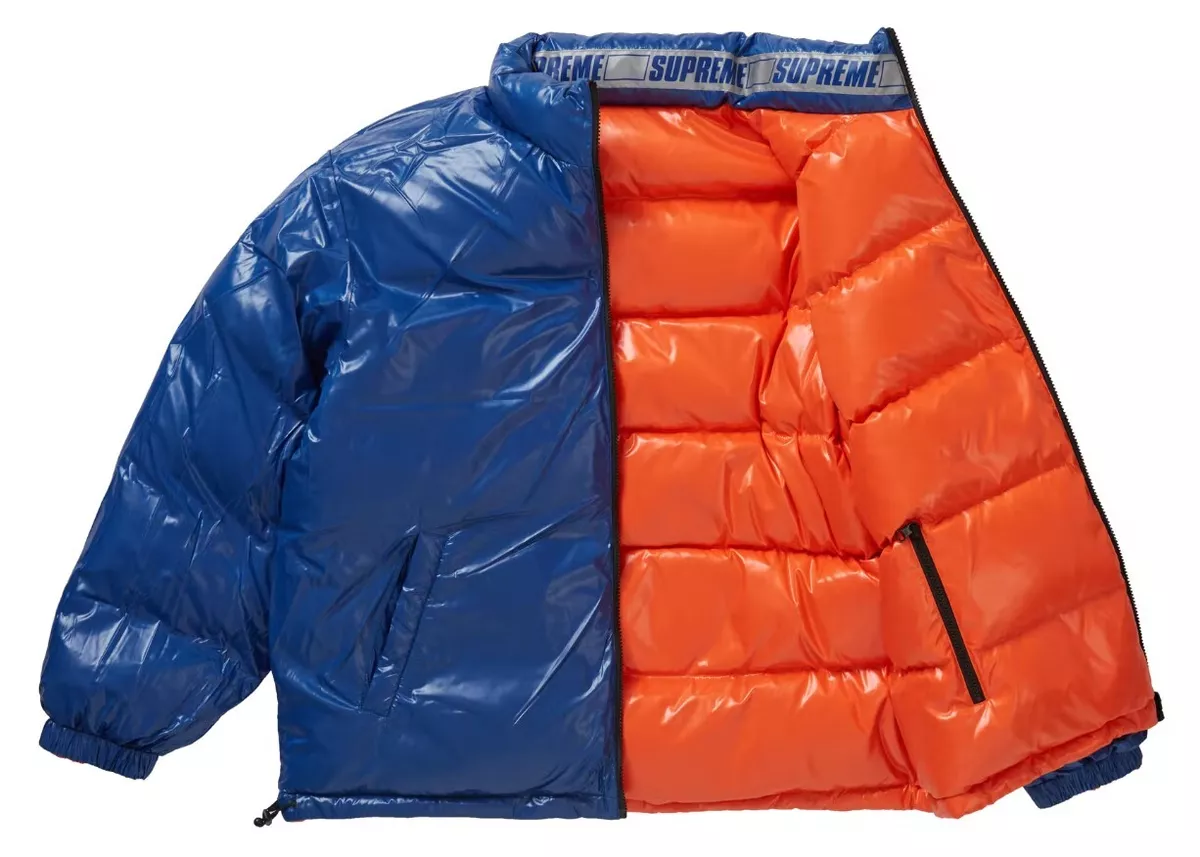 SUPREME:) SS20 Shiny Reversible Puffy Jacket SMALL Blue/Orange 100% AUTHENTIC