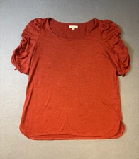 Max Studio Crew Neck Short Ruched Tie Sleeve Polyester Blend Top Rust Women's M