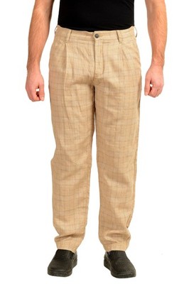 Hugo Boss ''Samson1'' Beige Linen Plaid Pleated Front Pants US 32R IT 48