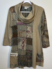 Parsley  Sage Boho Patchwork Cowl Neck 3/4 Sleeve Tunic Sz Sm Zipper Pockets