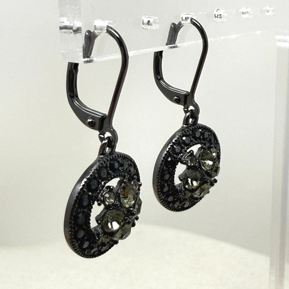 Givenchy Gunmetal Tone Drop Earrings Round Crystal Embellished Lever Back - Image 3 of 4
