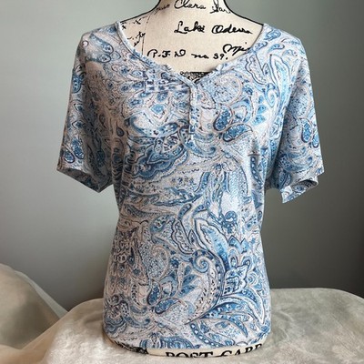 Basic Editions Women s Plus 1X Paisley Henley Top Blue Gray Short Sleeve Knit