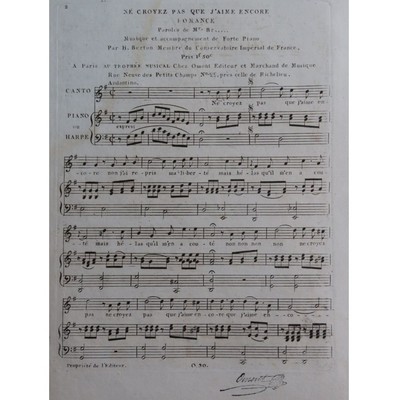 BERTON H. Glaube nicht dass ich noch Klavier oder Harfe Gesang mag ca1820