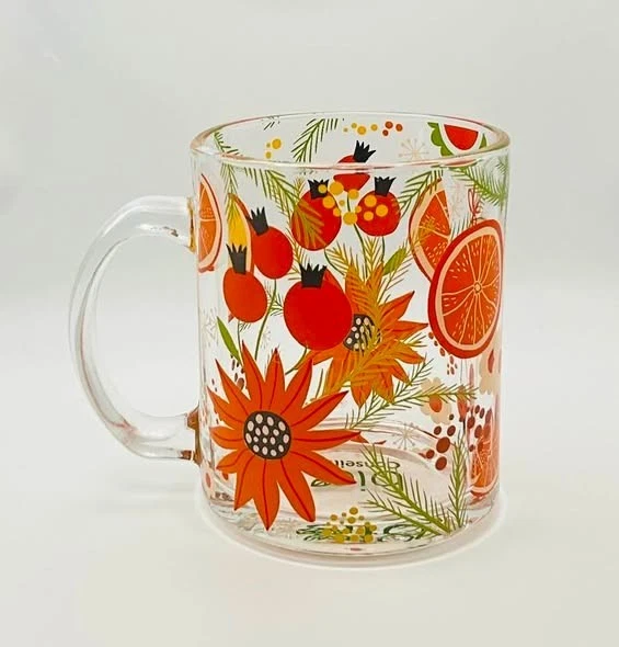 BioConseils tasse en verre décor imprimé fruits oranges fleurs - Photo 1/4