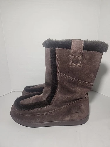 Timberland Mukluk stivali scamosciati marroni pelliccia sintetica pull on donna taglia 8 5 23658