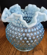 FENTON ART GLASS AQUA BLUE HOBNAIL VASE/BOWL OPALESCENT RUFFLED EDGE 5 1/2"
