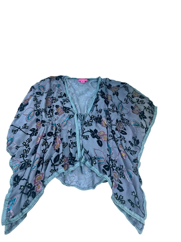 Betsey Johnson Seda Terciopelo Transparente Burnout Kimono Encubrimiento Floral Encaje Borde OS Foto 3 de 4