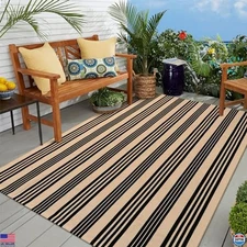 OJIA 5'x7' Outdoor Patio Rug - Black & Tan Striped, Machine Washable, Hand Woven