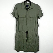 Gap Pocket Shirt Dress Women's S Green Short Sleeve Drawstring Waist