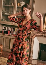 Sezane Dahlia Abstract Floral Wrap V Neck Midi Maxi Dress Size 34 Small XS Prep