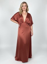 BHLDN x Anthropologie Leila Satin Charmeuse Maxi Dress in Rust Brown Sz 16
