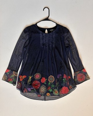 Desigual Rachel Blue Floral Top Blouse Mesh Medium Boho Bell Sleeve Garden Fairy